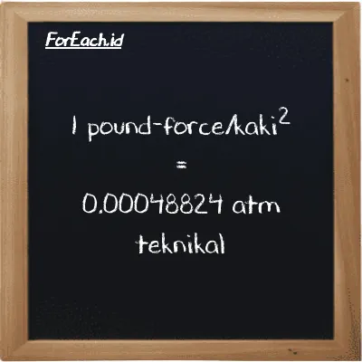 1 pound-force/kaki<sup>2</sup> setara dengan 0.00048824 atm teknikal (1 lbf/ft<sup>2</sup> setara dengan 0.00048824 at)